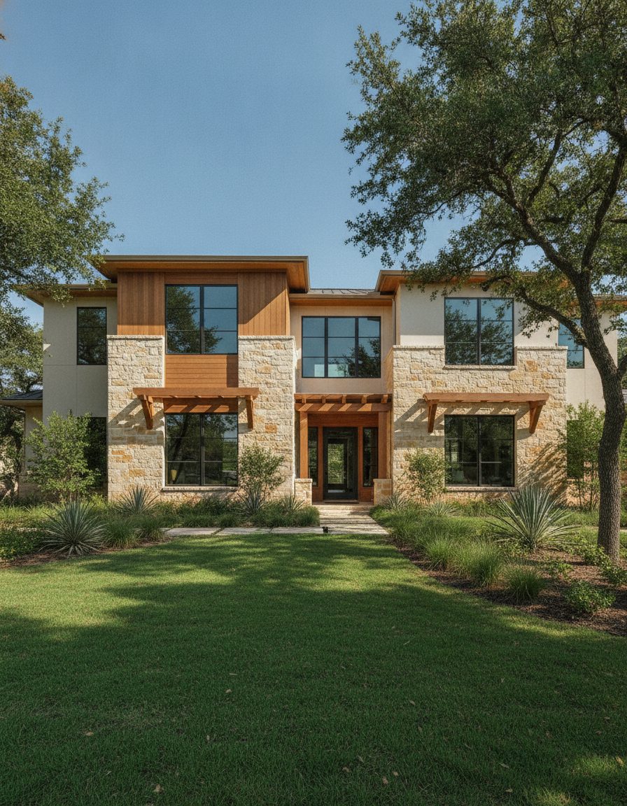 Sunlit Texas home exterior with limestone and green landscaping