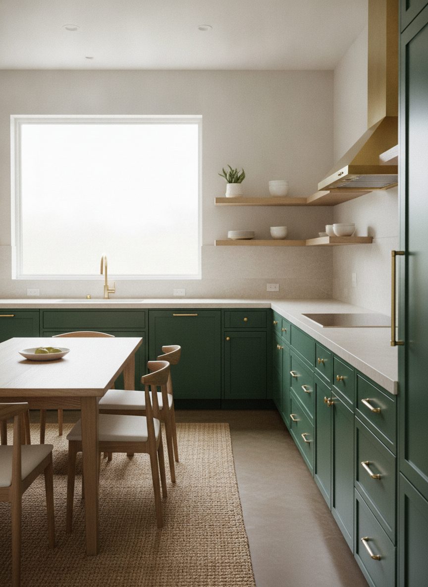 Modern kitchen with pale stone counters and forest green cabinets