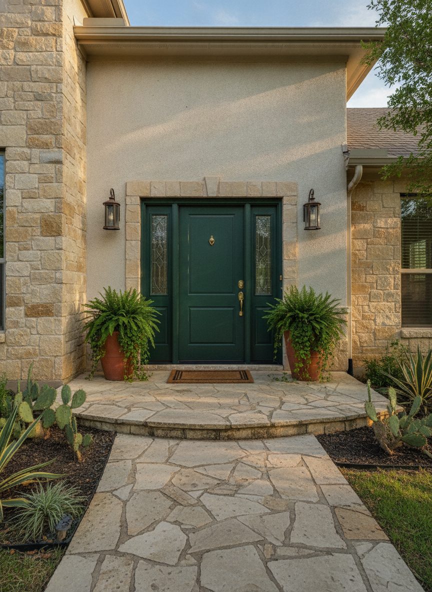 Inviting front entry with a forest green door and limestone facade