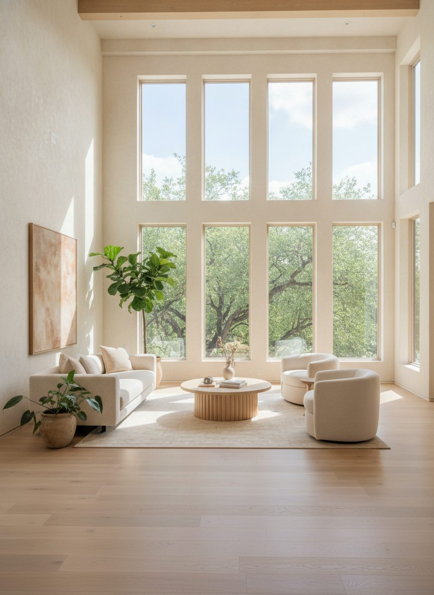 Bright living room with warm oak floors and large sunlit windows